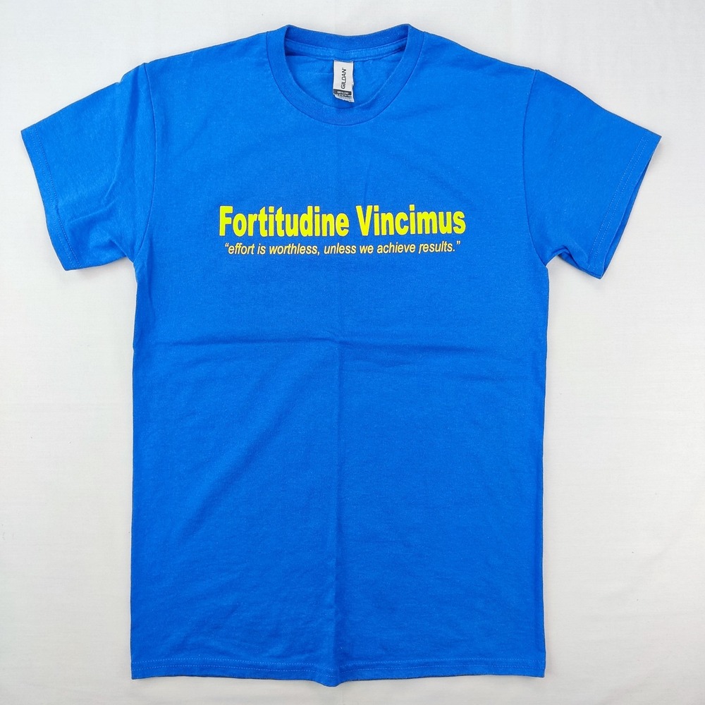Gildan T-Shirt Mens Small Blue Fortitudine Vincimus Graphic Quote DryBlend Tee